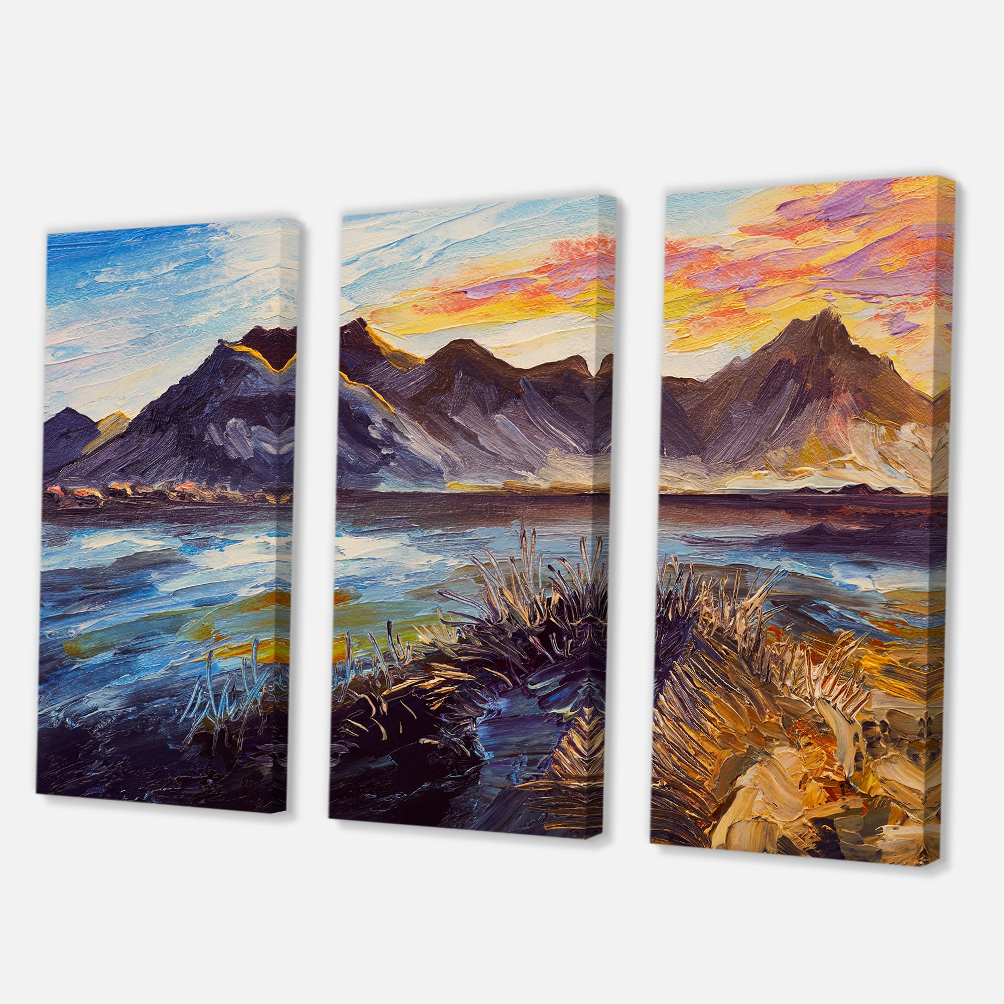 Designart ' Impression Pink Sunset Over The Mountains By The Sea ' Nautical & Coastal Canvas Wall Art Print