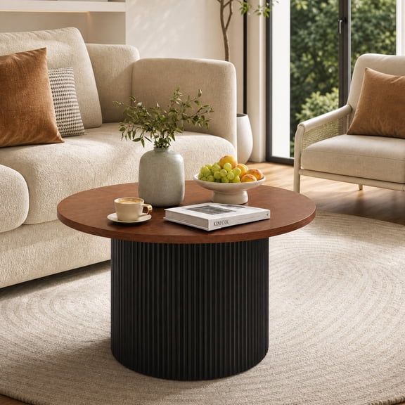 LIVIZA 32 " Modern Round Coffee Table with Solid Wood Frame and Wooden Top, Wooden Center Table for Living Room