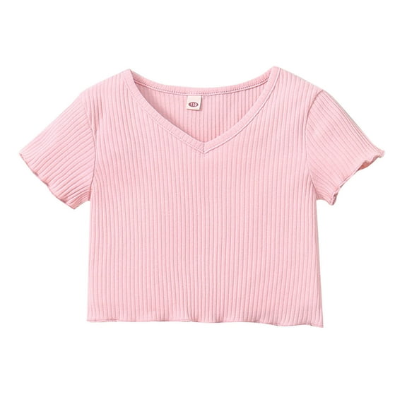 Mercatoo Cute Crop Tops for Girls Toddler Short Sleeve V Neck Crop T-Shirts Solid Ribbed Shirts Infant Kids Baby Girls' Clothing