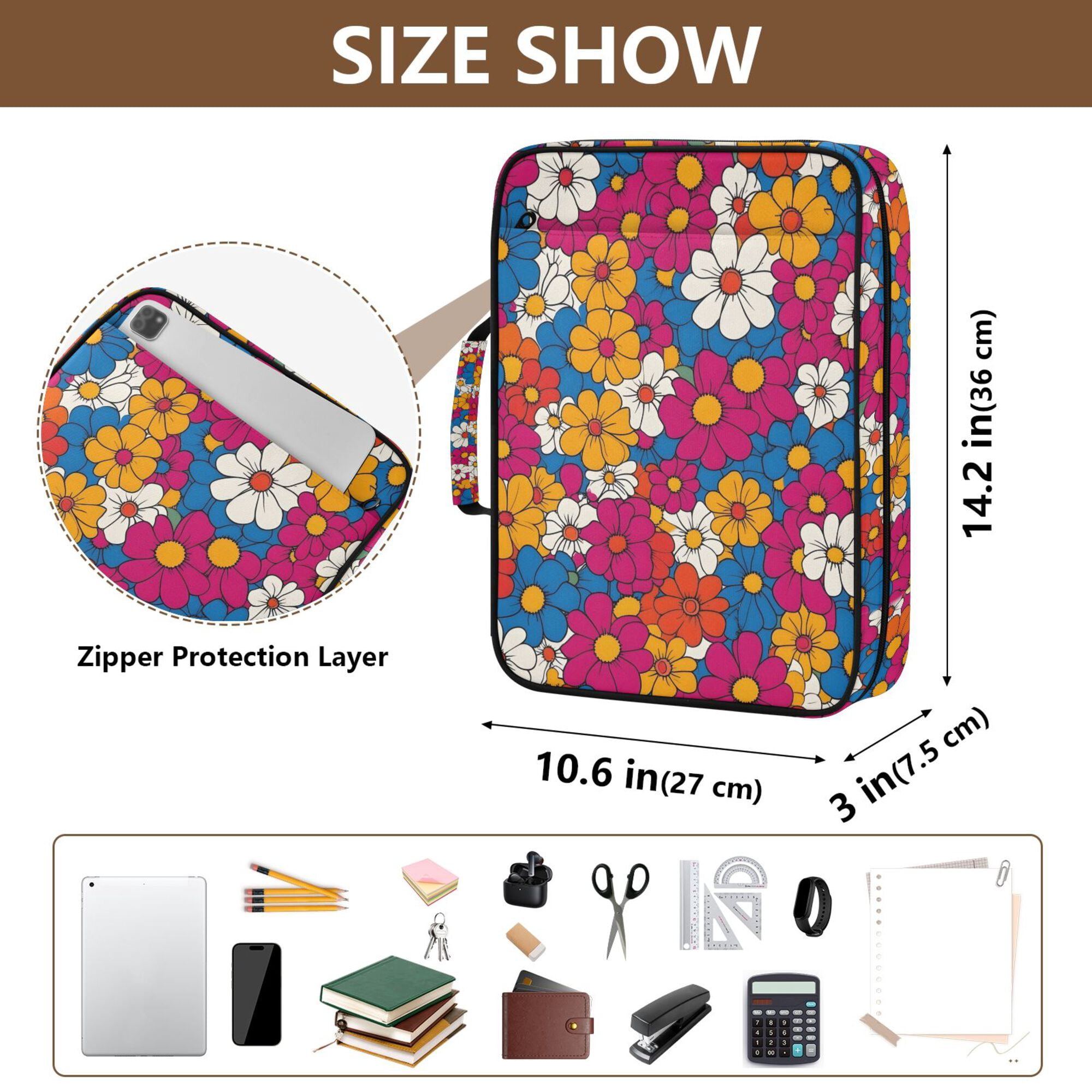 FORMRS Accordion File Folder A4 Size 7-Pocket Expanding Document Organizer Bag with 3 Ring Binder, Red Whimsical Floral