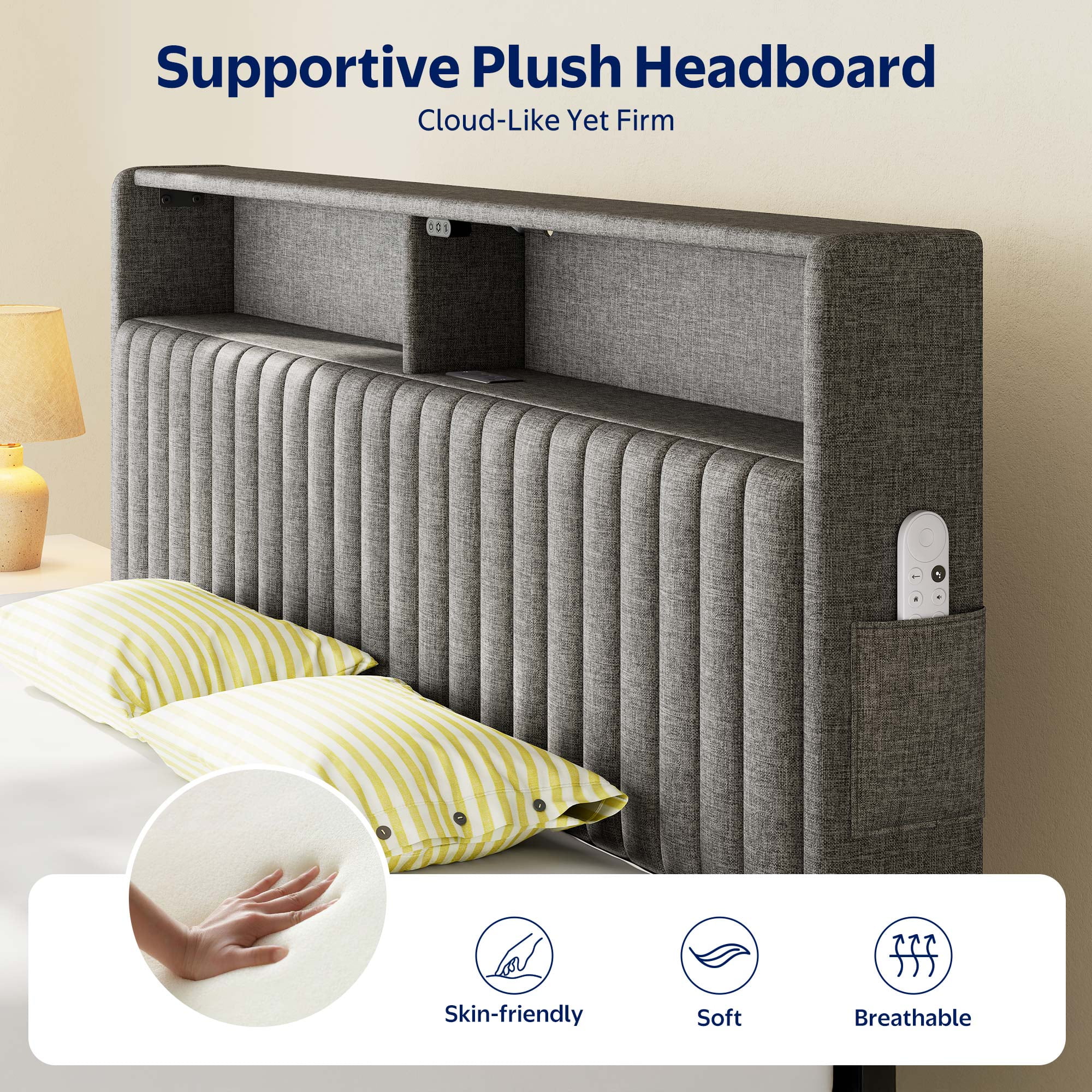 Greenstell Queen Bed Frame with LED Light & Platform Bed with Upholstered Storage Headboard USB Ports & Charging Station, Dark Gray