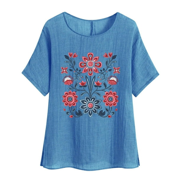 Camiseta de Mujer Camiseta de Manga Corta Impresión Casual Raglan Suelto de Lino Top Blusas, Cuello de la Tripulación