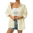 thumbnail image 4 of Ltctricy Women's Oversized Button down Shirts 3/4 Sleeve Collared Pleated Beach Cover Up Tops Casual Loose Blouses(Beige,X-Large), 4 of 7