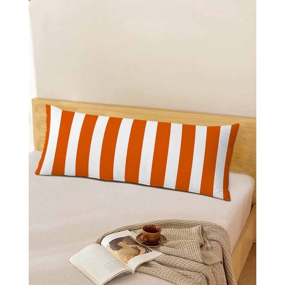 Orange White Stripes Body Throw Pillow Cover Case, Couch Sofa Bed Pillowcase, Soft Decorative Pillow Protector, Geometric Stripes Contemporary Art 20x54Inch Long Reversible Pillow Shams with Zipper