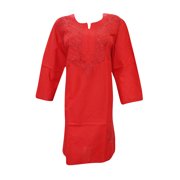 Mogul Womens Indian Long Tunic Dress Red Floral Embroidered Cotton 3/4 Sleeves Kurti Caftan XXL