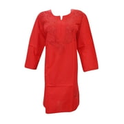 Mogul Womens Indian Long Tunic Dress Red Floral Embroidered Cotton 3/4 Sleeves Kurti Caftan XXL