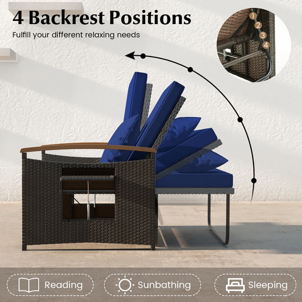 Aimee Lii Outdoor Wicker Daybed with Folding Panels and Storage Ottoman, Outdoor Patio Furniture, Navy