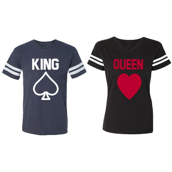 King Queen Poker Matching Couple Cotton Jerseys (Men Navy / Women Black) (Men S / Women S)