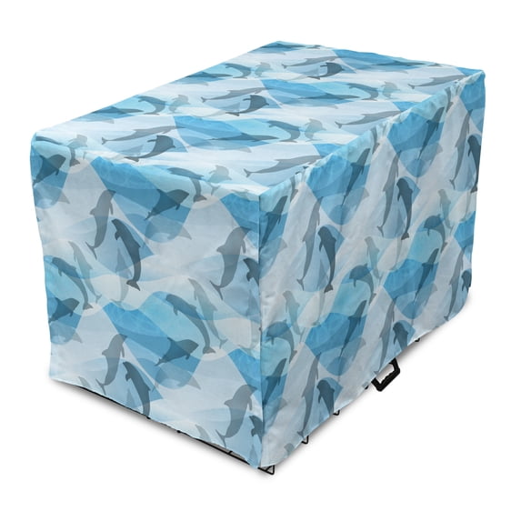 Sea Animals Dog Crate Cover, Dolphin Fish Pattern Silhouette Under the Sea Waves in Contemporary Design, Easy to Use Pet Kennel Cover Small Dogs Puppies Kittens, 7 Sizes, Blue and Grey, by Ambesonne