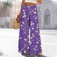 thumbnail image 3 of Josdec Women's Floral Print Wide Leg Pants Elastic High Waist Drawstring Casual Loose Split Hem Trousers with Pockets for Daily Seaside Holiday, 3 of 9