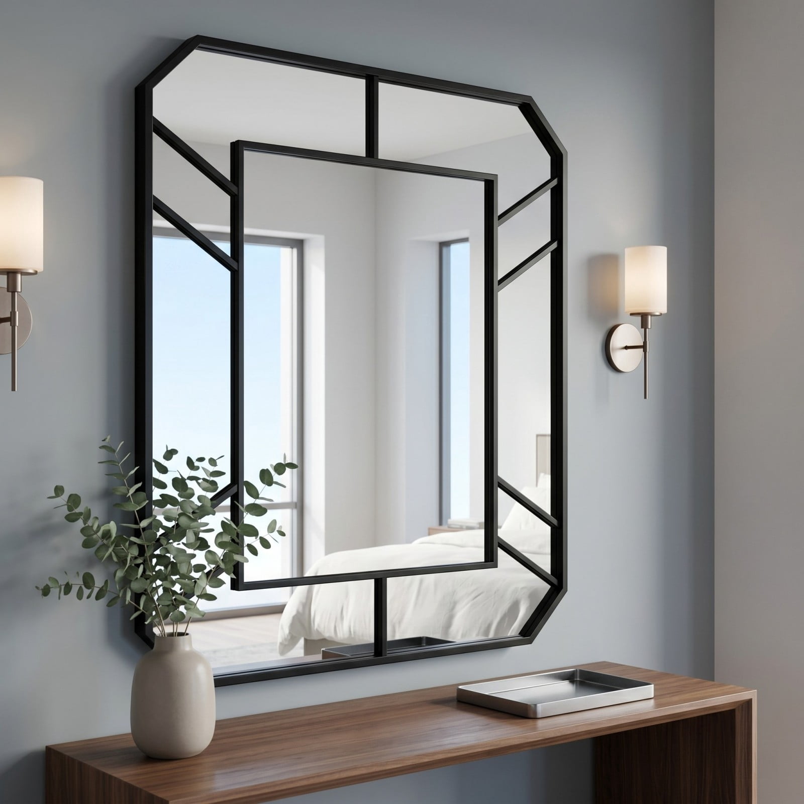 Gleamira 30"x40" Bathroom Mirror Geometric Style Wall-Mounted Decorative Vanity Mirror, Black