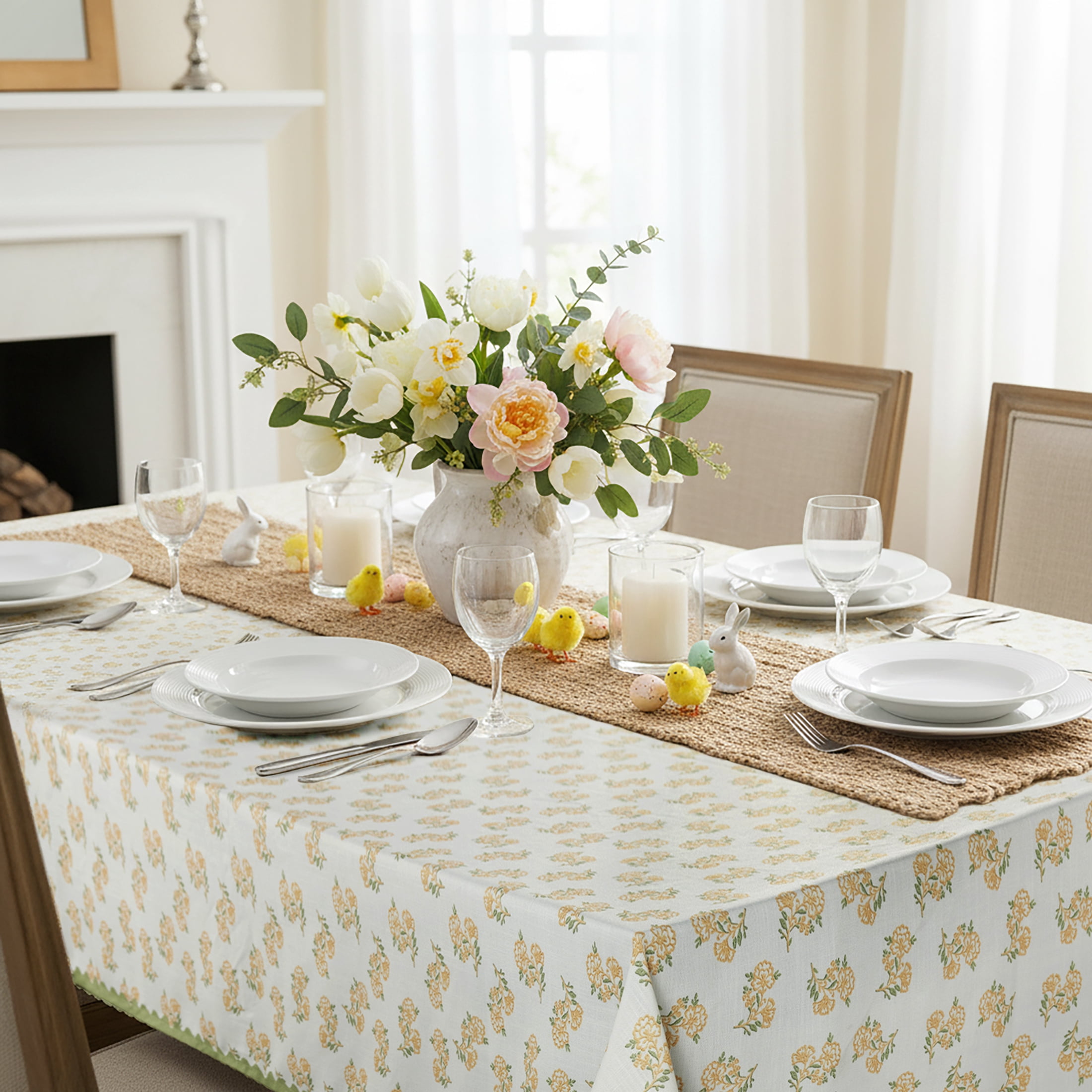 Easter Block Print 60" x 84" Tablecloth - 100% Cotton, Multi-color