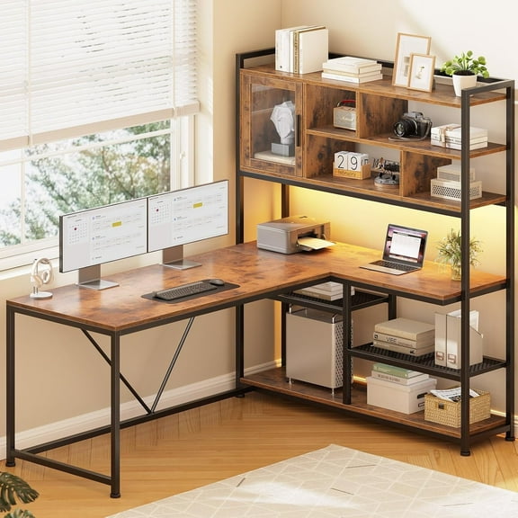 L-Shaped Desk with LED Lights & Hutch, Reversible Corner Computer Desk with Storage Shelves & Glass Cabinet, Writing Desk for Home Study, Rustic Brown