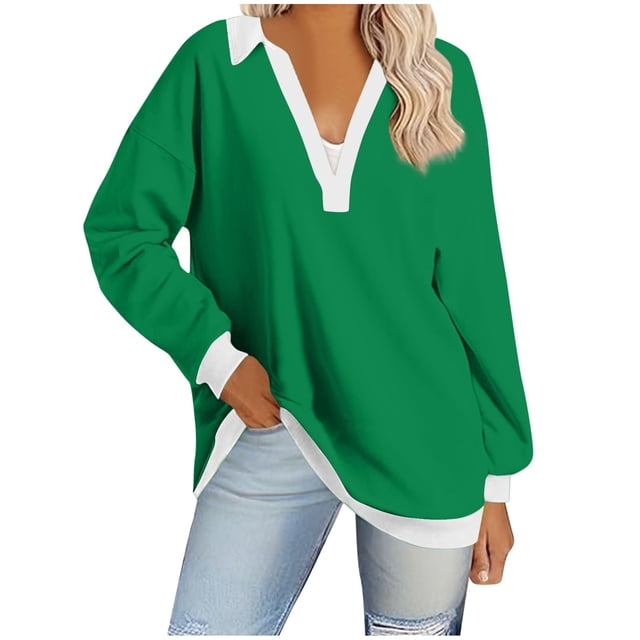 WEAIXIMIUNG Sweat-Shirt pour Femmes Mode Décontractée Col en V Manches Longues Sweat-Shirt Col Rabattu