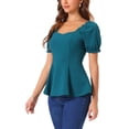 thumbnail image 4 of TOP PEPLUM CON VOLANTES PARA MUJER INSPIRADO CHIC CUELLO CORAZÓN MANGA PUFF BLUSA ELEGANTE S AZUL VERDE, 4 of 6