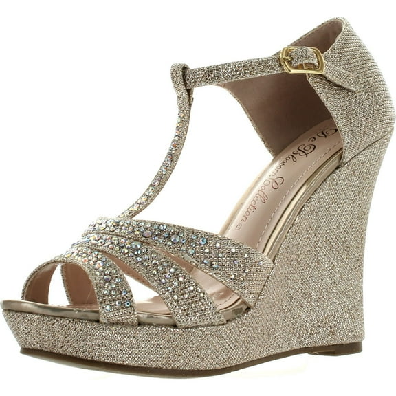 De Blossom Womens Dressy Glitter Rhinestone T Strap Platform Wedge Sandal Aalle-2