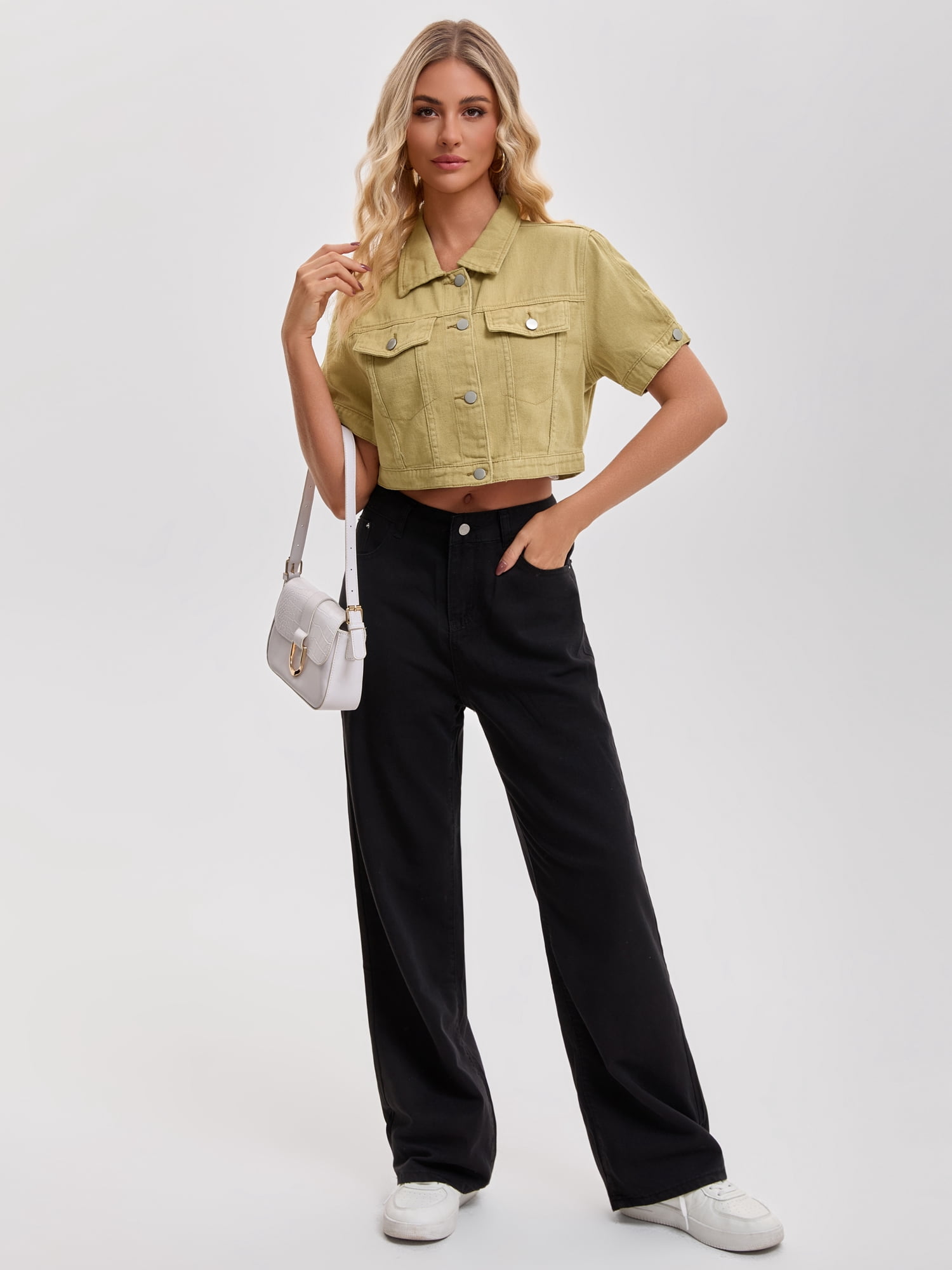 DARING DIVA Women's Short Sleeve Denim Rendy Casual Cropped Jean Jacket 2XL Khaki