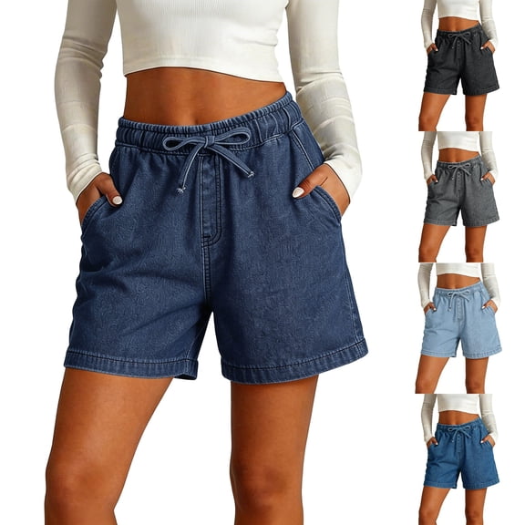 Jean Shorts Womens BWASD Casual High Waisted Stretchy Denim Shorts with Pockets Drawstring Elastic Waist Summer Trendy Blue S-5XL 2026 Outdoor Vacation Travel