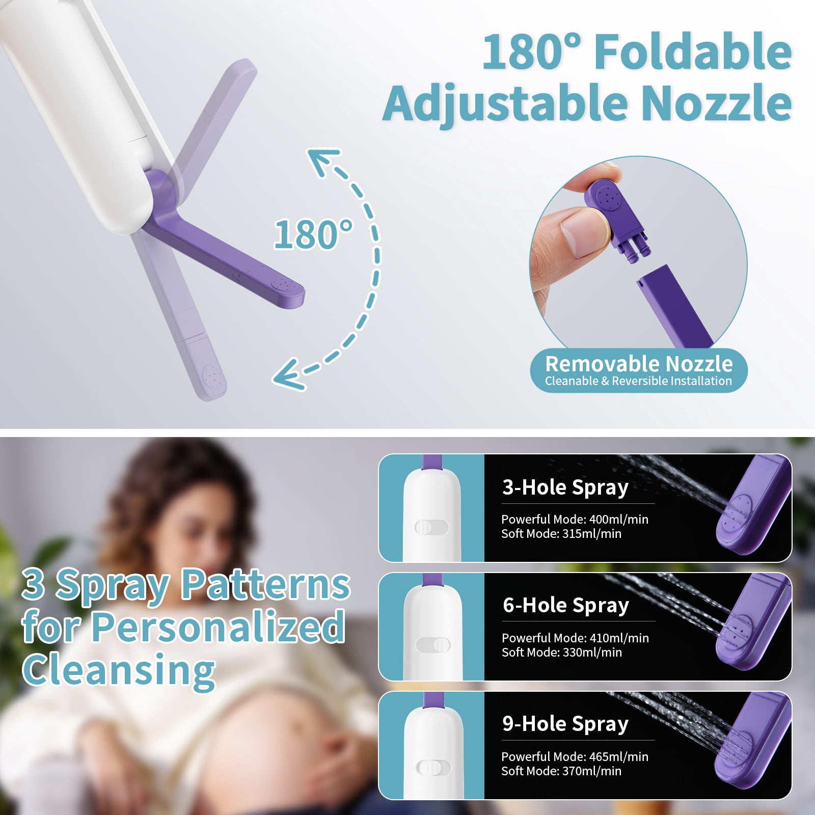 Rechargeable Portable Electric Bidet with 260ML Reservoir and 9 Cleaning Modes (White & Purple)