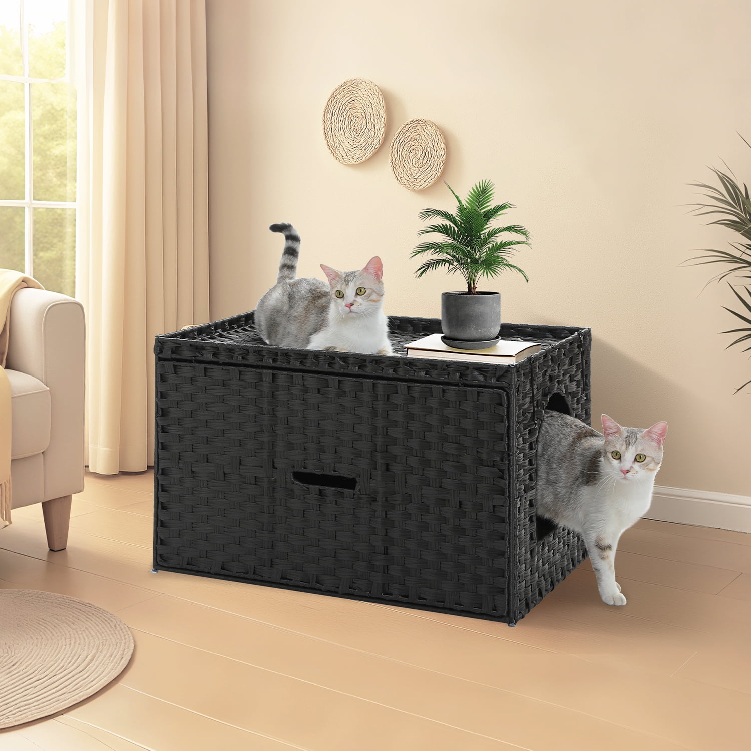 PEQULTI Rattan Cat Litter Box Enclosure Pet House with Taller Doorway for Large Cats Indoor Black