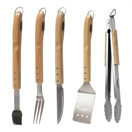 Stainless Steel Grill Table Jim Beam Tool Set, 5 Piece Grilling and Barbecue Tool Set, Stainless Steel with Wooden Handle Tool Set, Set Includes - Tongs, Spatula, Knife, Fork, Cleaning Brush ()