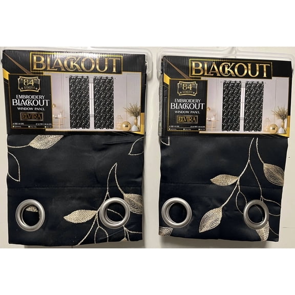 Set of 2 Elvira Blackout Grommet Top Curtain Panels with Embroidery, 84 Long, Black