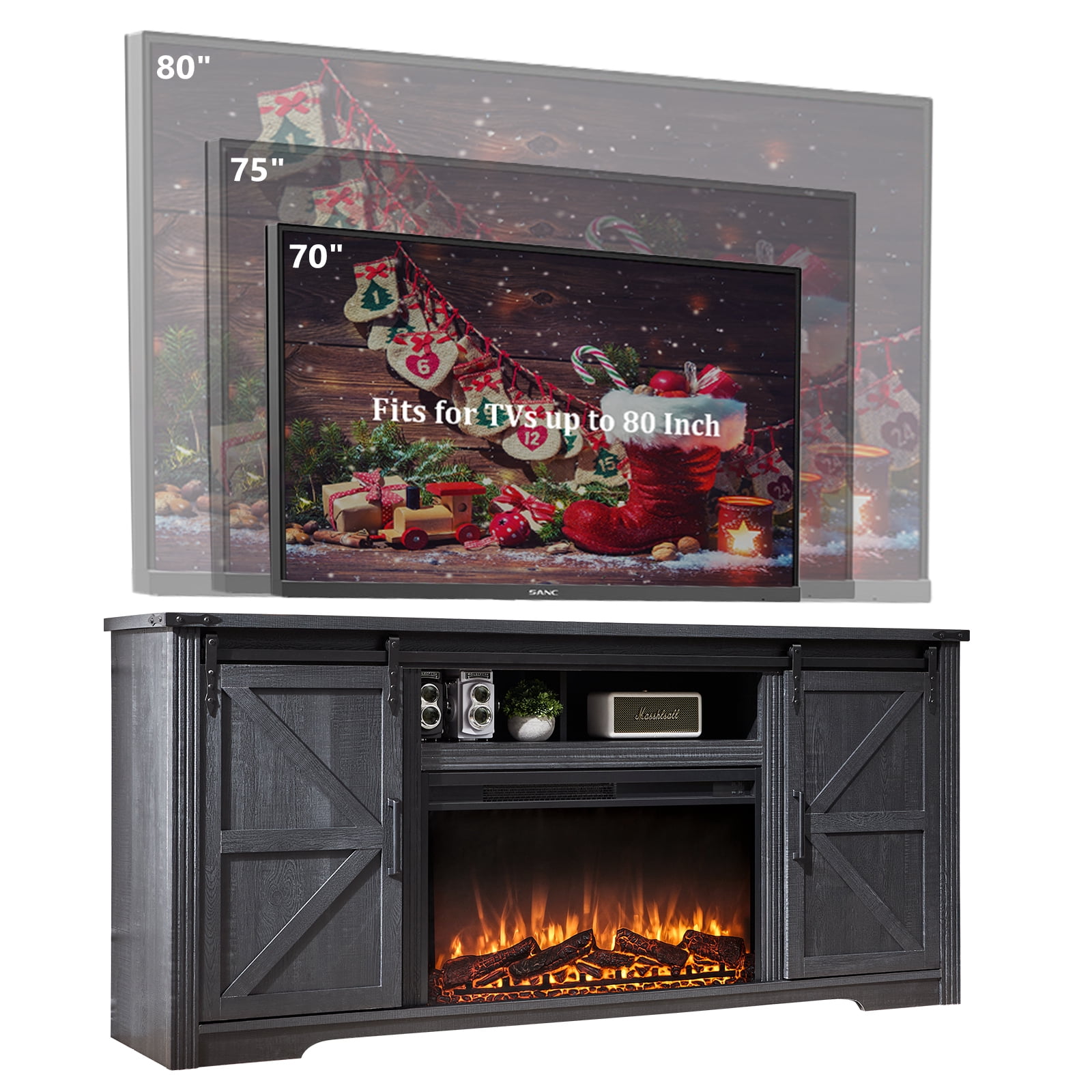 T4TREAM Farmhouse TV Stand for TVs up to 80", Entertainment Center with 30" Electric Fireplace and Sliding Barn Door&4 Drawers Storage Inside, Black