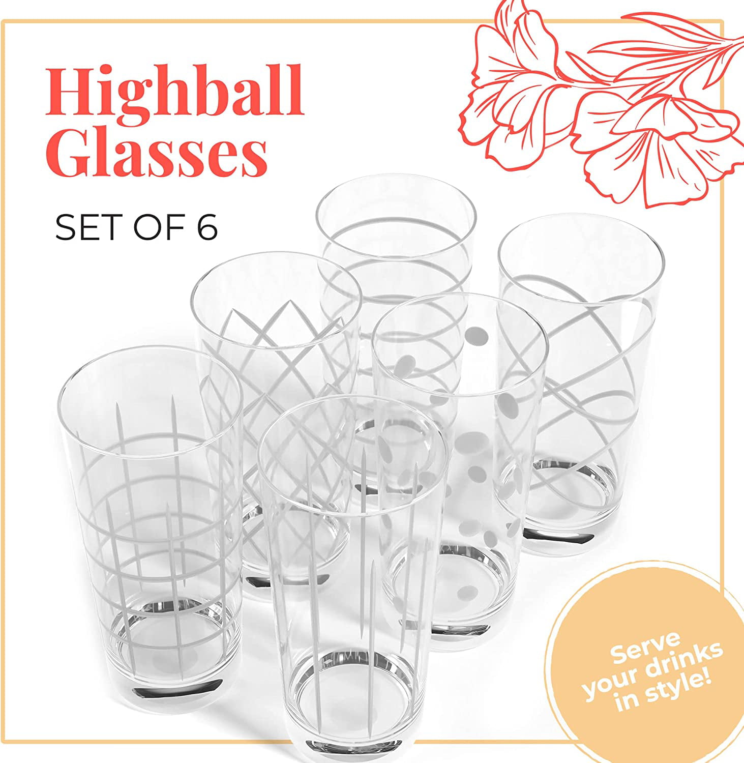 Gzhel Decal Tall Glass Set of 6
