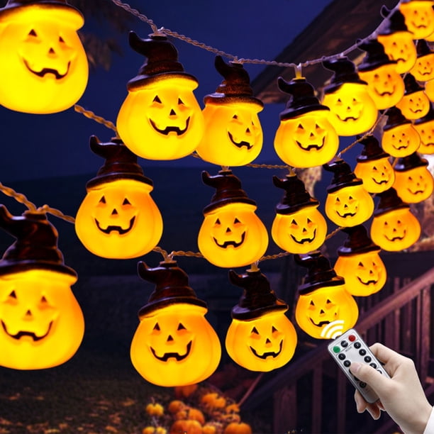 Decoraciones de Halloween, adornos de Halloween, luces de cadena de calabaza con pilas, luces naranjas de Halloween, decoraciones de iluminación para fiestas de Halloween, cercas de patio, luces de ca