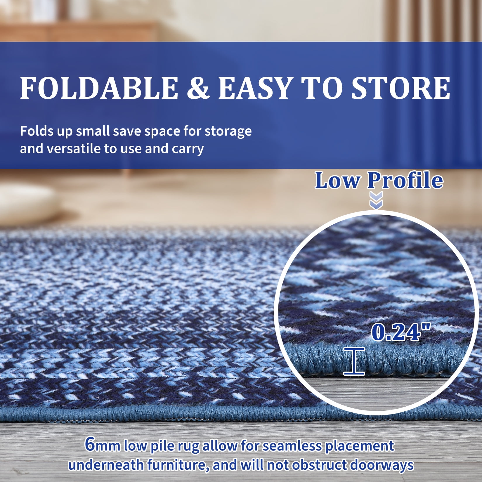 CAROMIO Washable 4' x 6' Area Rug for Living Room Modern Imitation Braided Pattern Geometric Indoor Carpet Non Slip, Navy