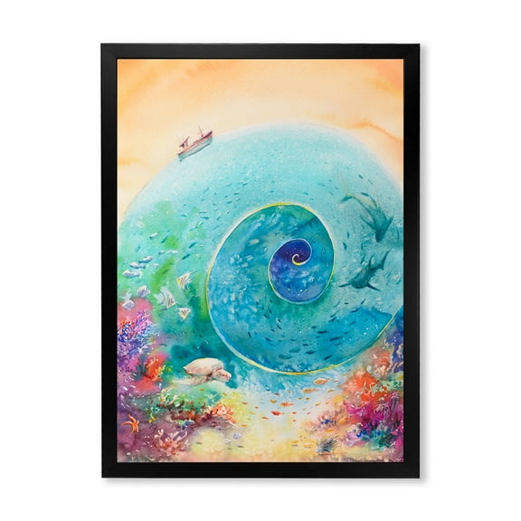 Designart 'Coral Reef Fishes With Turquoise Ocean Spiral' Nautical & Coastal Framed Art Print