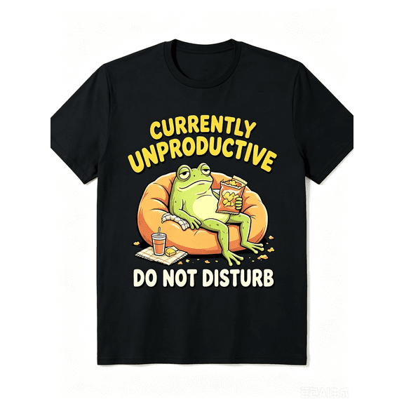Men Women Currently Unproductive Do Not Disturb Lazy Frog Snack Bean Bag Graphic Crew Neck Short Sleeve T-Shirt Funny Meme Cartoon Casual Soft All Season Daily Lounge Tee