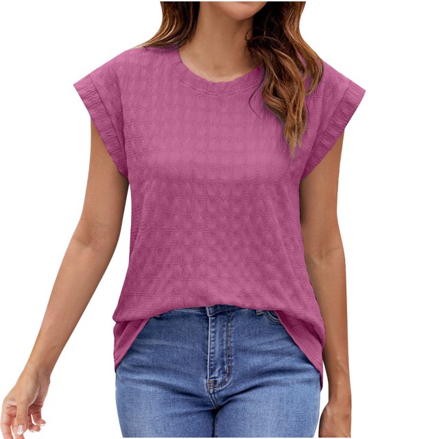 Plebaso Hauts pour Femmes Manches Courtes Col Rond T-Shirts Mignons Décontractés Couleur Unie Ample 2025 Blouses Texturées