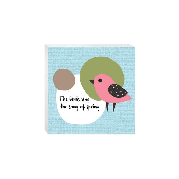 Birds Sing Of Spring Pink Bird Blue 10 x 10 Wood Tabletop Sign Plaque