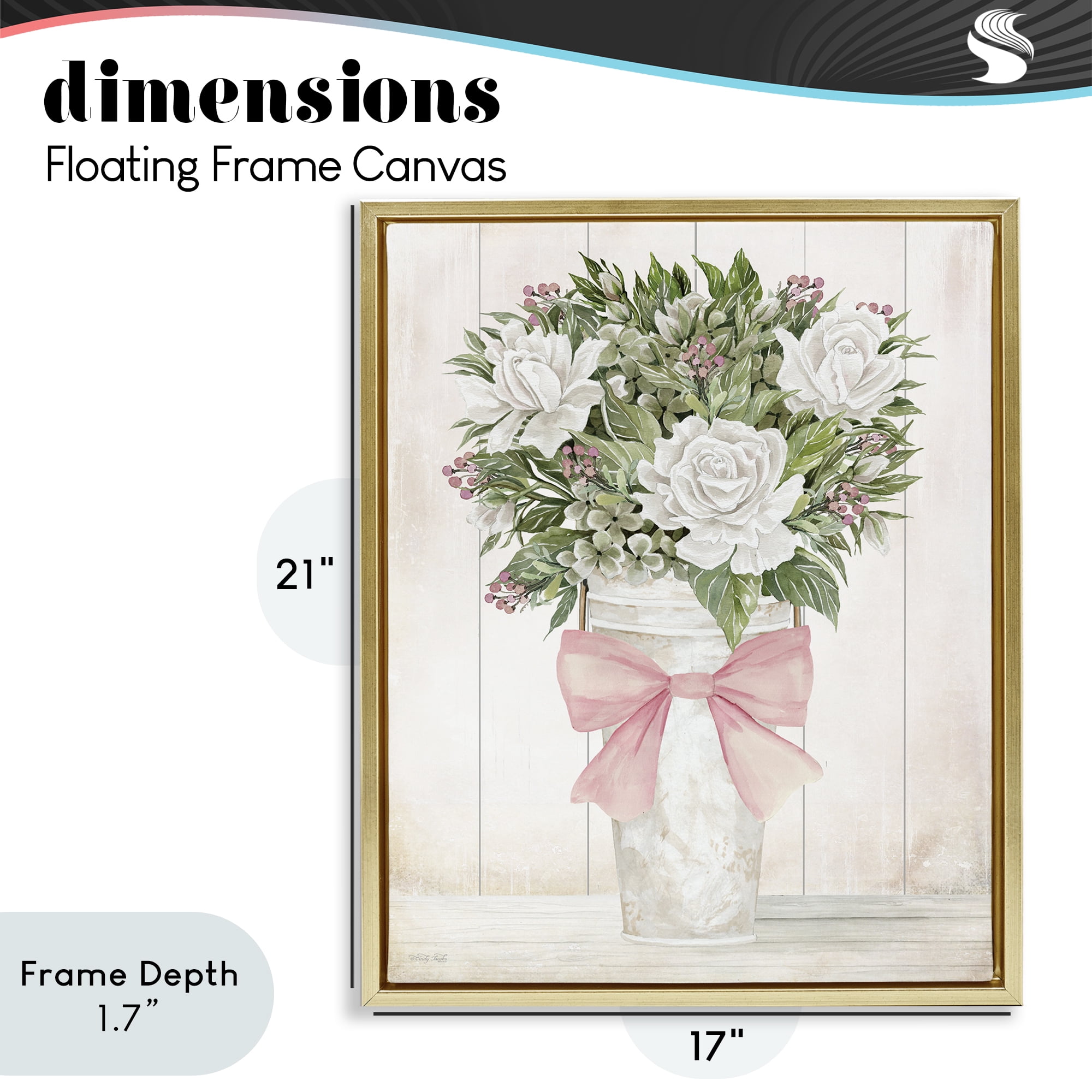 Stupell Industries Pretty In Pink Roses & Bow Gold Framed Floater Canvas Wall Art, design by Cindy Jacobs