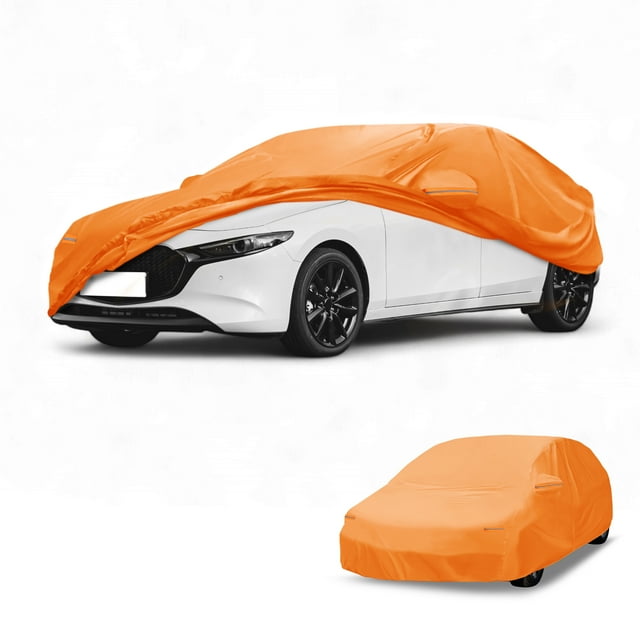 Funda de coche Unique Bargains impermeable para todo clima, protección exterior completa contra el sol y la lluvia para Mazda 3, película de aluminio, algodón, naranja con franjas reflectantes