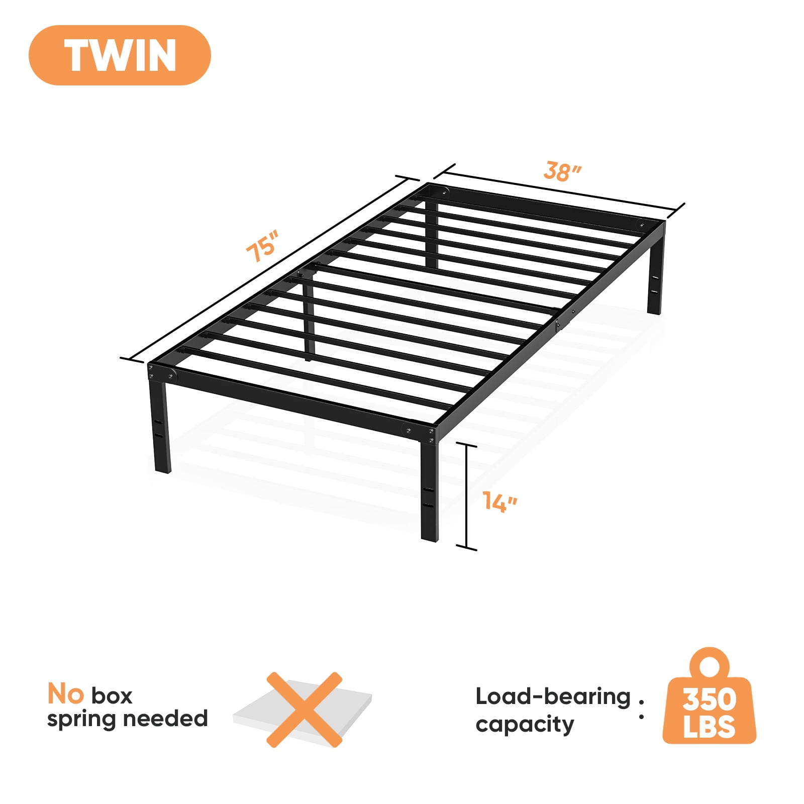 Aidoly Twin Size Bed Frame, Strong Steel Slat Support, 14 Inches High, Underneath Storage, Black