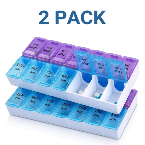 Pill Organizer 2 Times a Day, Pill Box Weekly Pill Organizer AM PM 7 Day with One-Touch Open,Extra Large Compartments, Travel Pill Organizer for Daily Use 2PCS