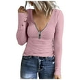 thumbnail image 2 of Raeneomay Long Sleeve Shirts for Women V-Neck Solid Color T-Shirt Front Zipper Top Ribbed Knit Slim Top, 2 of 6