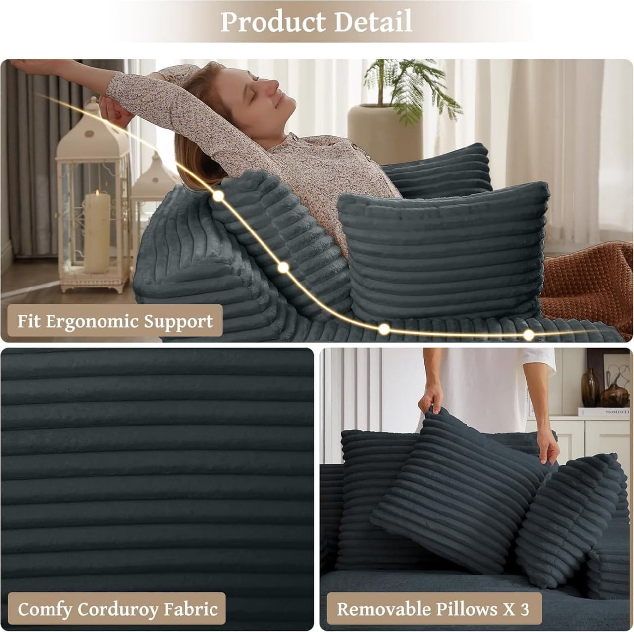 Oversized Chaise Lounge Chair Indoor, Upholstered Sofa Bed Sleeper Sofa Corduroy Cloud Couch Boneless Sofa Reading Chair with 3 Pillows for Living Room, 49.2''x66.1''