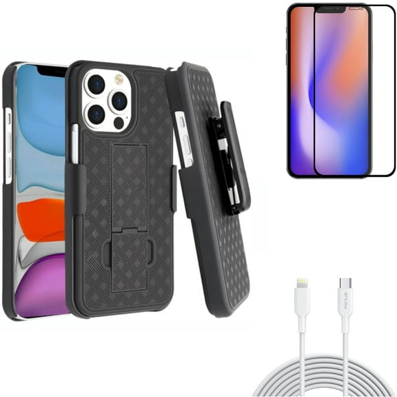 Case Belt Clip & 10ft PD Cable & Screen Protector for iPhone 13 Pro ONLY - Holster Swivel Cover   USB-C Fast Charger Long   Anti-Glare Tempered Glass Matte Combo