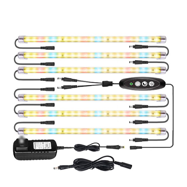 Lámpara LED para crecimiento de plantas con temporizador y regulación de intensidad, ideal para interiores con luz roja, azul y amarilla, conexión en serie o paralela, incluye 6 tubos y cumple con