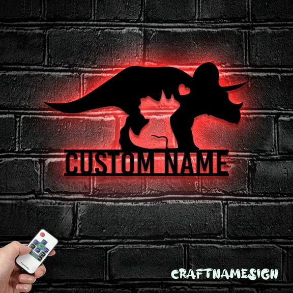 Craftnamesign Custom Mom Baby Triceratops Dinosaur Metal Wall Art, Dinosaur Lover Name Sign