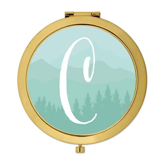 Koyal Wholesale Gold Compact Mirror Bridesmaid's Wedding Gift, Aqua Watercolor Rustic Trees, Monogram Letter C, 1-Pack