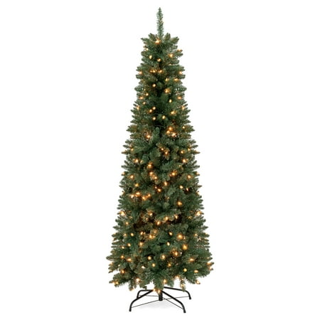Best Choice Products 6.5ft Pre-Lit Hinged Fir Artificial Pencil Christmas Tree with 250 Clear Lights, 719 Tips, Foldable Stand,
