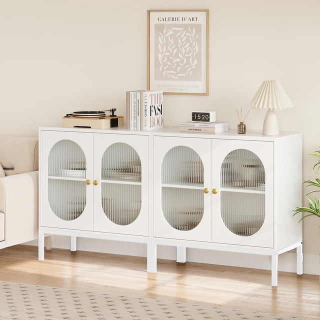 Ensemble de 2 Armoires Buffet avec Portes en Verre Cannelé, Buffet Console Moderne de 31,5 Pouces avec Rangement d'Accent pour Salle à Manger, Salon, Entrée, Blanc