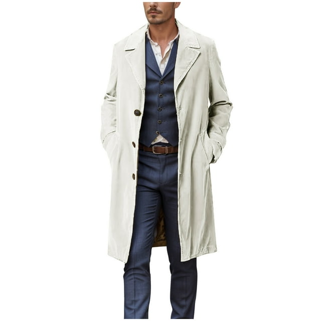 Lovzfmll Men's Trench Coat Button Front Pocket Detail Wool Blend Beige, XL