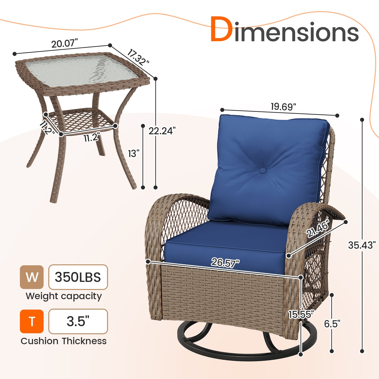 MRUAKA 3 Pieces Patio Furniture Set, Outdoor Swivel Gliders Rocker, Wicker Patio Bistro Set w Rattan Rocking Chair, Glass Top Side Table Thickened Cushions for Porch Deck Backyard (Navy)
