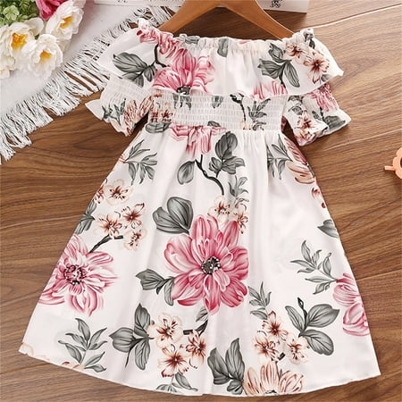 

Wiueurtly Kids Toddler Child Girls Short Ruffled Sleeve Off Shoulder Flower Print Elastic Waist Summer Princess Dress Outfits Long Sleeve 4t Girl Dress