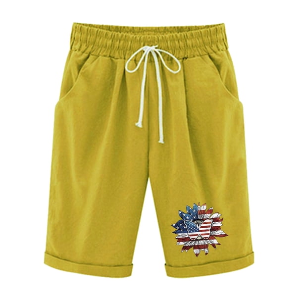 Pantalones Cortos Casuales para Mujer Día de la Independencia Impreso Elástico de la Cintura, Pantalones Cortos de Verano para Mujeres